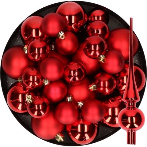 Kerstversiering kunststof kerstballen met piek rood 6-8-10 cm pakket van 45x stuks -