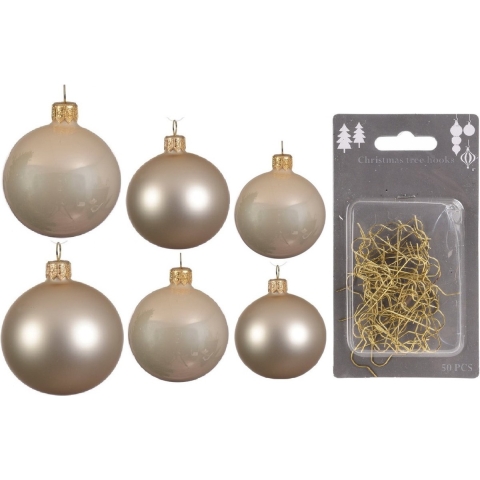 Groot pakket glazen kerstballen 50x champagne glans/mat 4-6-8 cm incl haakjes -