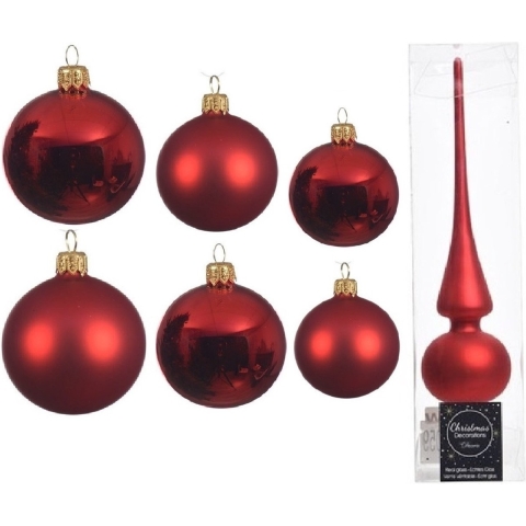 Groot pakket glazen kerstballen 50x kerstrood glans/mat 4-6-8 cm met piek mat -