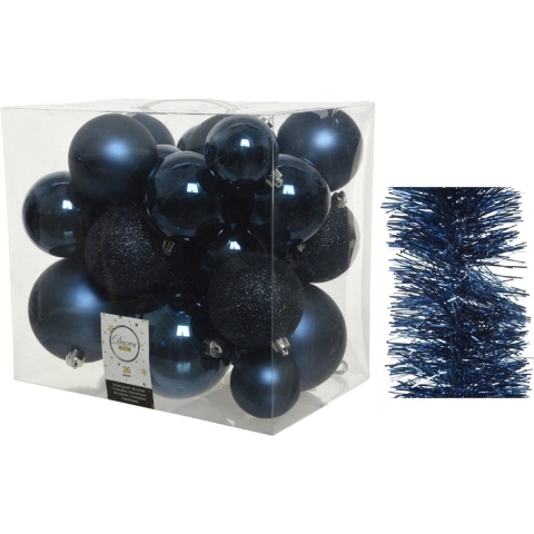 Kerstversiering kunststof kerstballen 6-8-10 cm met folieslingers pakket donkerblauw van 28x stuks -