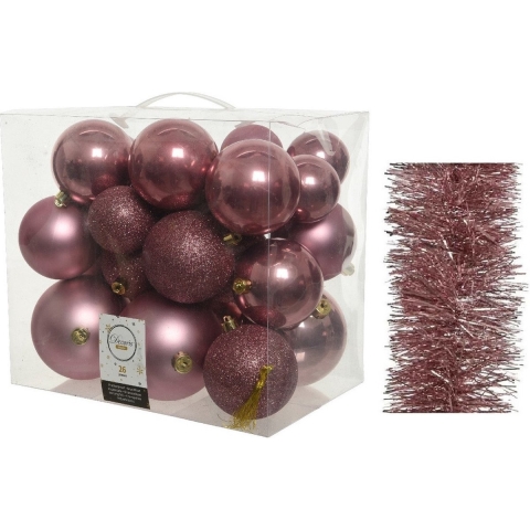 Kerstversiering kunststof kerstballen 6-8-10 cm met folieslingers pakket oud roze van 28x stuks -