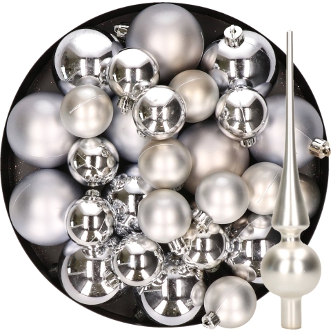 Kerstversiering kunststof kerstballen met piek zilver 6-8-10 cm pakket van 45x stuks -