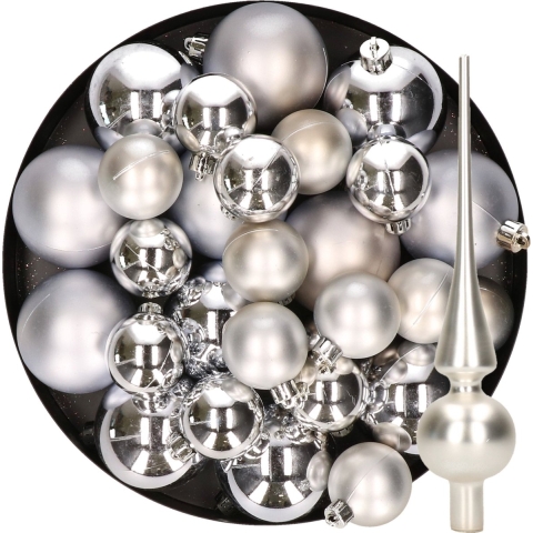 Kerstversiering kunststof kerstballen met piek zilver 6-8-10 cm pakket van 37x stuks -