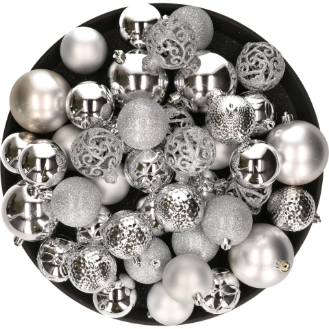 Kerstversiering kunststof kerstballen zilver 6-8-10 cm pakket van 59x stuks -