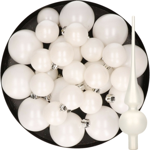 Kerstversiering kunststof kerstballen en piek winter wit 6-8-10 cm pakket van 45x stuks -