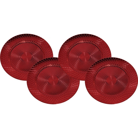 Set van 12x stuks kerstdiner onderborden rond rood glimmend 33 cm -
