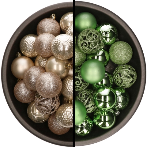 Kunststof kerstballen 74x stuks champagne en groen 6 cm -