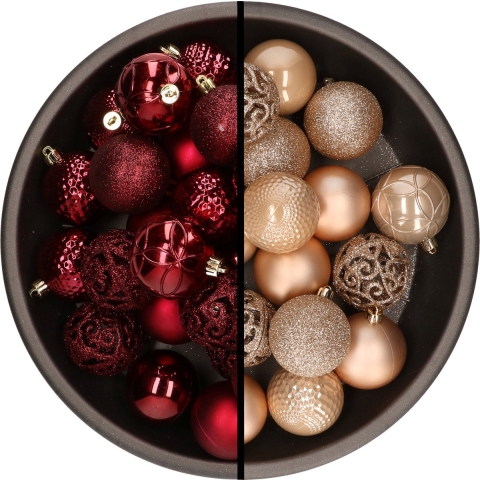 Kunststof kerstballen 74x stuks donkerrood en lichtbruin 6 cm -