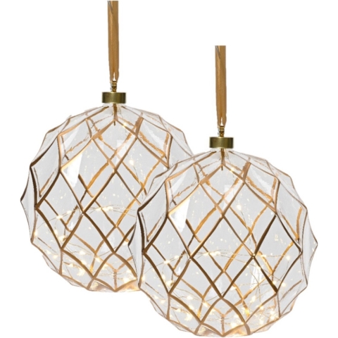 Verlichte kerstballen - 2x st- glas - aan lint - D20 cm - goud - 40 led lampjes - warm wit -