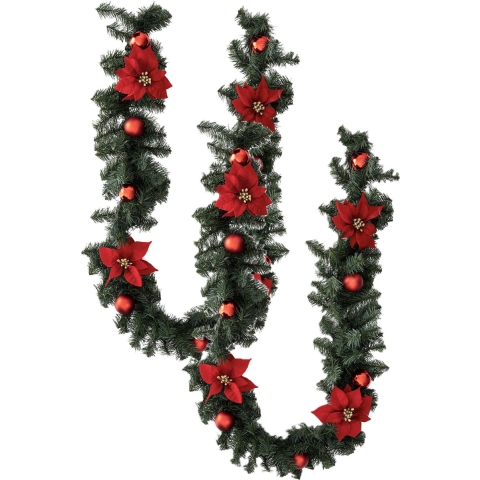 Dennenslingers/dennen guirlandes - 2x - met kerstversiering - rood - 200 x 20 cm - kunststof -