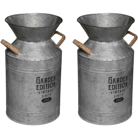 Melkbus vorm vaas/container - 2x stuks - Zink - zilvergrijs - 21 x 37 cm -