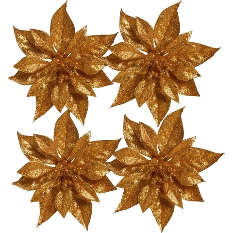 10x stuks Kerstboomversiering bloem op clip koperen kerstster 18 cm -