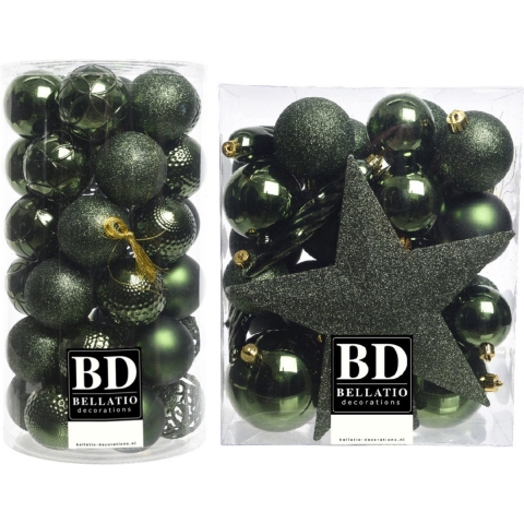 70x stuks kunststof kerstballen met ster piek donkergroen mix -