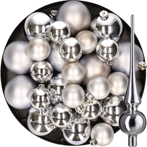Kerstversiering kunststof kerstballen met piek zilver 6-8-10 cm pakket van 45x stuks -