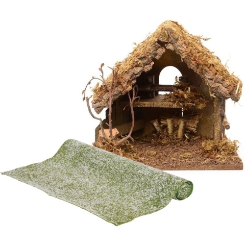 Lege kerststal - L30 x B18 x H26 cm - incl. gras ondergrond/achtergrond - besneeuwd -