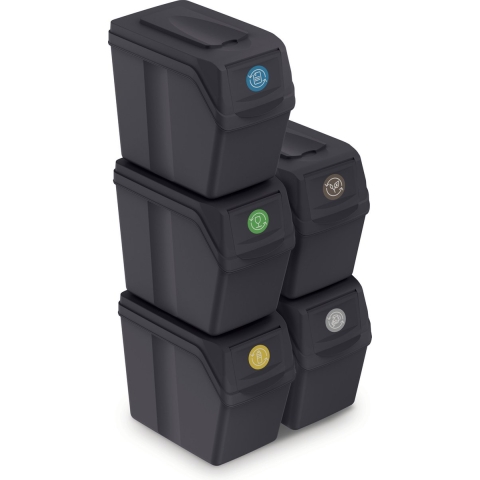 Set van 5x kunststof afvalscheidingsbakken antraciet/donkergrijs van 20 liter -
