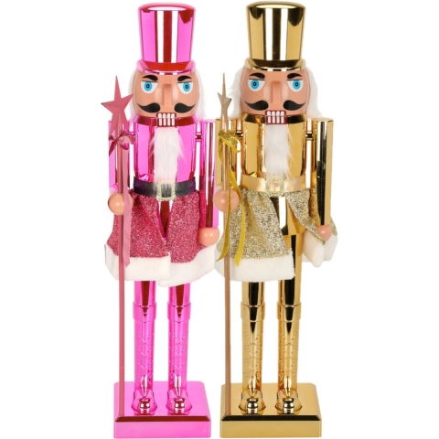 Notenkraker decoratie figuur beelden - set 2x st - 60 cm - goud en roze - kunststof -