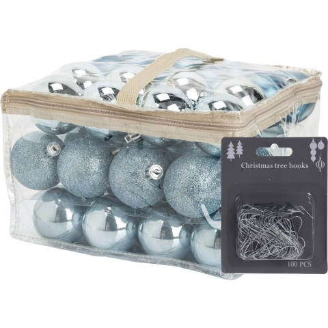 Kerstballen - 48x st - ijsblauw - 6 cm - kunststof - met kerstbalhaakjes zilver -