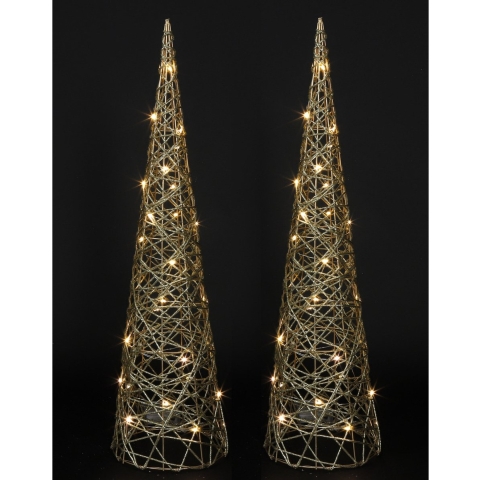 Countryfield LED kegel kerstboom lampen - 2x - goud - 30 leds - H60 cm - met timer -