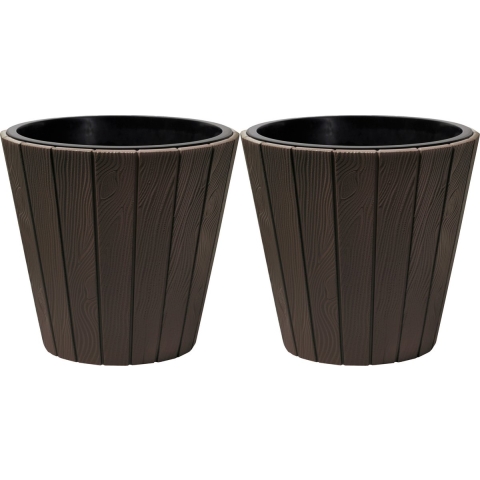 Plantenpot/bloempot Wood Style - 2x - buiten/binnen - kunststof - donkerbruin - D40 x H37 cm -
