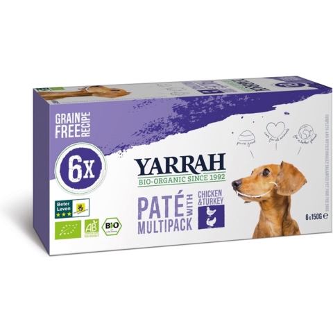 4x Yarrah Bio Hondenvoer Multipack Paté Graanvrij Kip - Kalkoen 6 x 150 gr