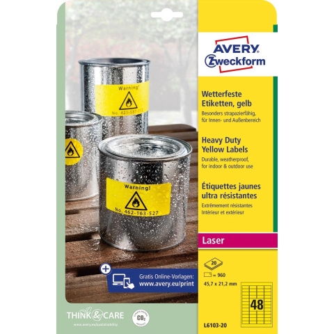 Avery-Zweckform L6103-20 Folie-etiketten 45.7 x 21.2 mm Polyester folie Geel 960 stuk(s) Permanent hechtend Laser (kleur), Laser (zwart/wit), Kopiëren (kleur),