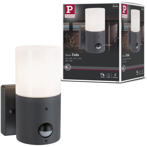 Paulmann Outd 230V Wandl Tubs PIR grau 94648 Buitenlamp met bewegingsmelder (wand) E27 Grijs