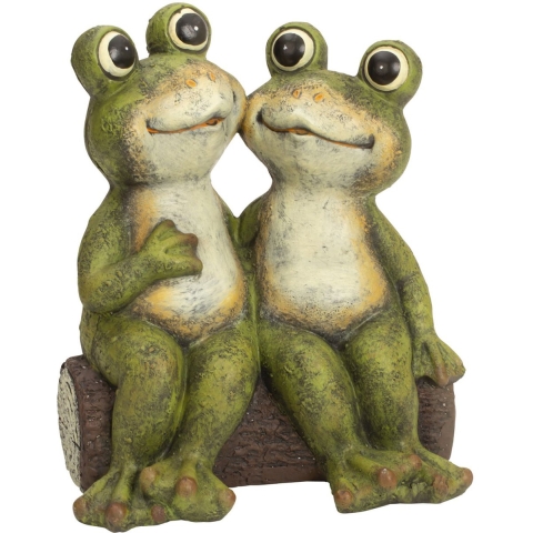 Tuinbeeld kikker zittend stelletje - kunststeen - 35 x 30 cm - groen - Lachende kikkers op bankje -