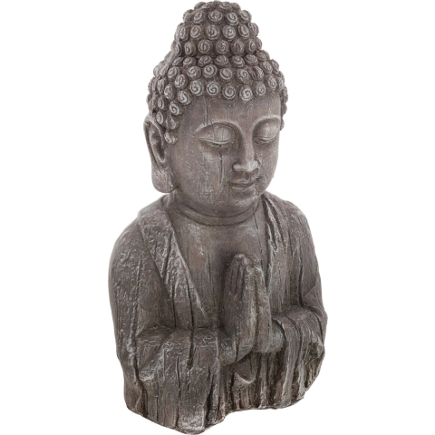 Boeddha hoofd beeld biddend - binnen/buiten - kunststeen - oud hout look - 50 cm -