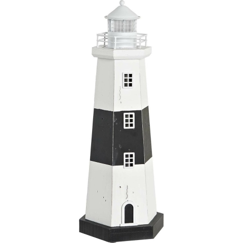 Maritieme decoraties beeldje Vuurtoren - Hout - 16 x 42 cm - wit/zwart - met LED lampje -