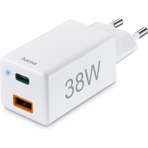 Hama Snellader 1x USB-C PD 1x USB-A QC Mini-oplader 38 W Wit