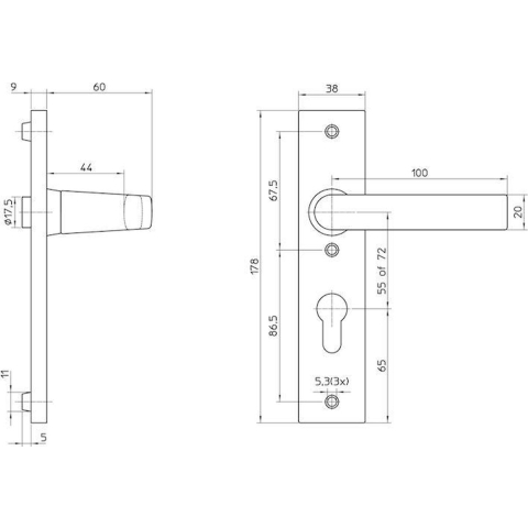 Nemef 3251 FP Ls Beslag kortschild rechthoekig | Blok kruk-knop | beslagset | geveerd | krukstift 8mm | F1 aluminium | PC55-PC55 | draairichting links