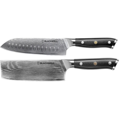 Blackwell Messenset (Santokumes + Groentemes/Nakiri) - Japanse stijl - 67 lagen damaststaal - VG10 - 2- delig