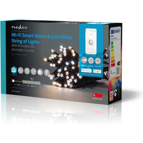 Nedis WIFILX02W50 Smartlife Decoratieve Led Koord Wi-fi Warm Tot Koel Wit 50 Led&apos;s 5.00 M Android™ / Ios