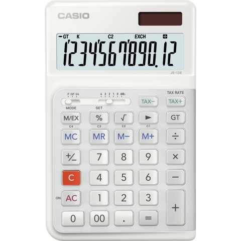 Casio JE-12E-WE Bureaurekenmachine Wit Aantal displayposities: 12 werkt op batterijen, werkt op zonne-energie (b x h x d) 111 x 178 x 24 mm