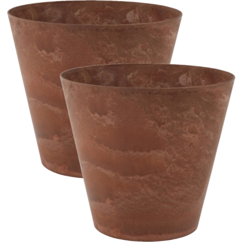 2x stuks plantenpot/bloempot in een natuursteen look Dia 32 cm en Hoogte 29 cm dark terra cotta -