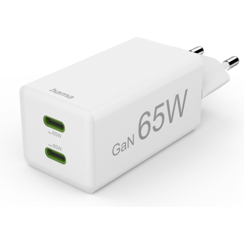 Hama Snellader GaN 2x USB-C PD/Qualcomm® Mini-oplader 65 W Wit