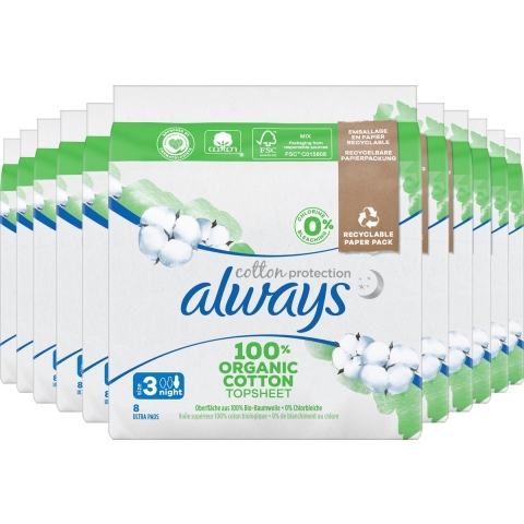12x Always Maandverband Bio Cotton Protection Ultra Night met Vleugels 8 stuks