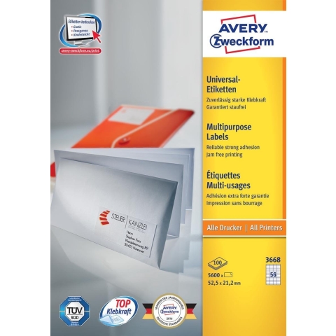 Avery-Zweckform 3668 Universele etiketten 52.5 x 21.2 mm Papier Wit 5600 stuk(s) Permanent hechtend Inkjet, Laser (zwart/wit), Laser (kleur), Kopiëren