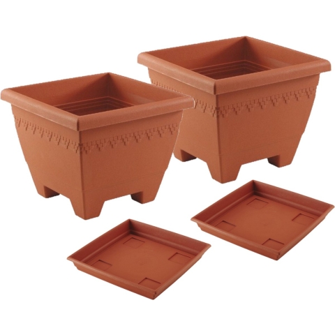 4x stuks vierkante plantenbakken terra cotta met opvangschaal 30 x 30 x 23 cm -