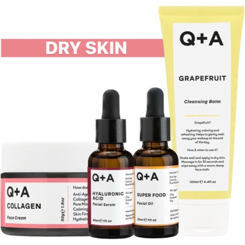 Q+A Dry Skin - Reinigingsbalsem 1x 125 ml&Gezichtsserum 1x 30 ml&Gezichtsolie 1x 30 ml&Dagcrème 1x 50 gr - Pakket