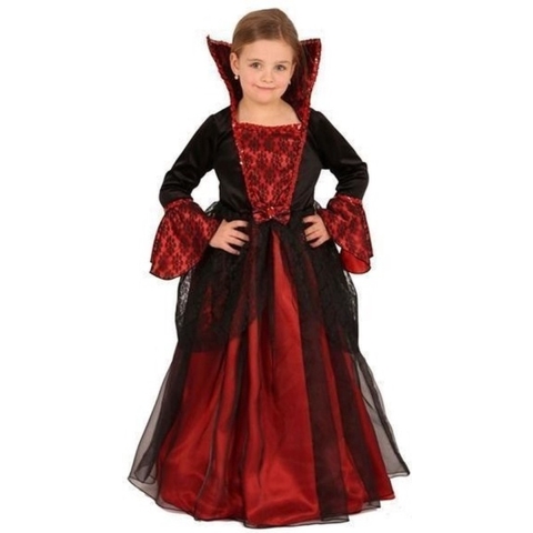Halloween verkleed jurk Vampier voor meisjes - rood/zwart - openstaande kraag 128 -