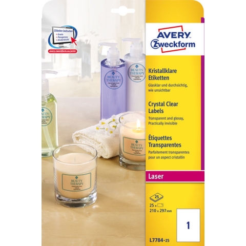 Avery-Zweckform L7784-25 Folie-etiketten 210 x 297 mm Polyester folie Transparant 25 stuk(s) Permanent hechtend Laser (kleur), Laser (zwart/wit), Kopiëren