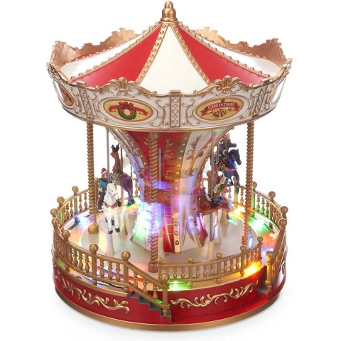 Kerstdorp draaimolen/carrousel - draaiend - met led verlichting en muziek - 28 cm -