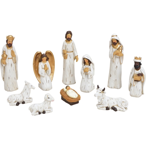 Set van 10x stuks kerststal beelden/kerstbeelden wit met goud 5-21 cm -