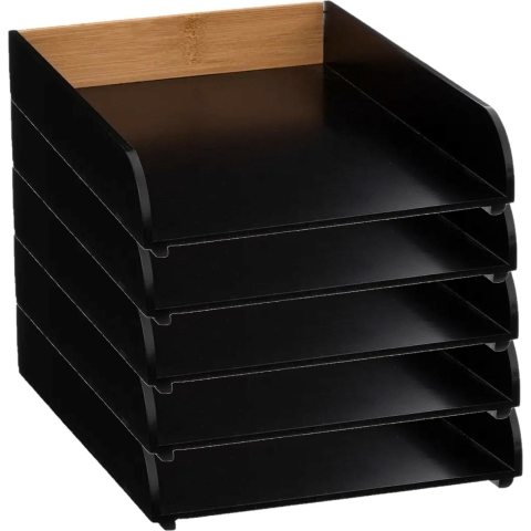 Kantoor postbakje/brievenbak A4 formaat stapelbaar - 5x - zwart - bamboe hout -