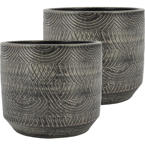 Bloempot/plantenpot Loule - 2x - relief - grijs - voor kamerplant - D23 x H21 cm -