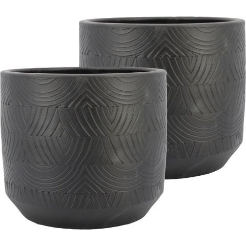 Bloempot/plantenpot Loule - 2x - relief - antraciet - voor kamerplant - D23 x H21 cm -