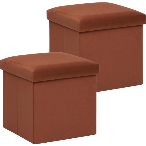 Poef/krukje/hocker Amber - 2x - Opvouwbare zit opslag box - fluweel roest bruin - D38 x H38 cm -