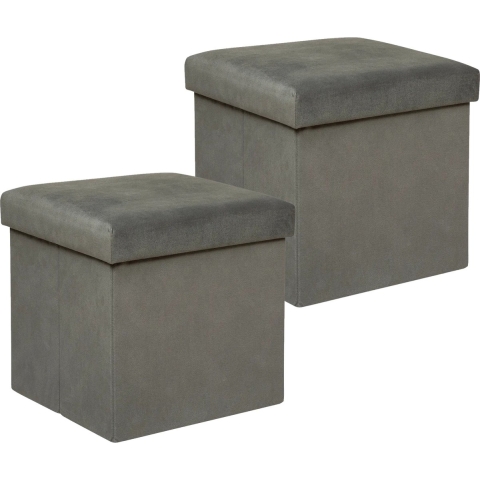 Poef/krukje/hocker Amber - 2x - Opvouwbare zit opslag box - fluweel Donkergrijs - D38 x H38 cm -